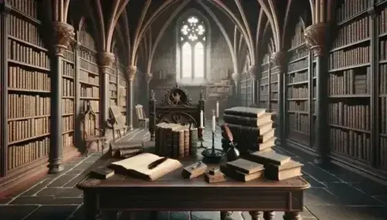 Biblioteca gótica con mesa de madera oscura, libros antiguos, tintero con pluma y candelabro de hierro, bajo la luz natural de un ventanal.