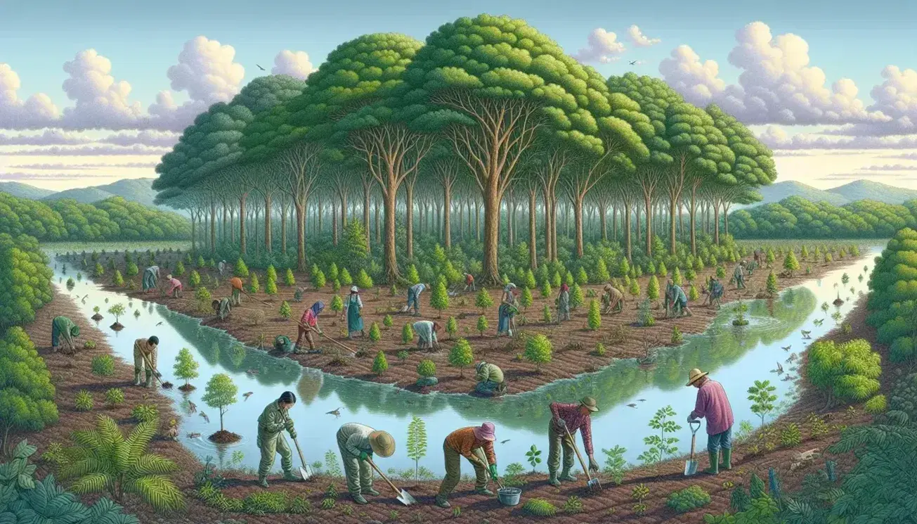 Grupo de personas de diversas edades y etnias plantando árboles jóvenes en un campo, con un bosque denso y un río en el fondo, reflejando un ambiente natural armonioso.