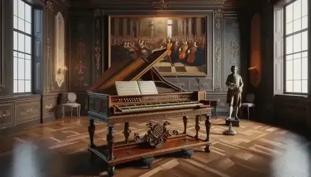 Clavicembalo barocco con intarsi floreali in sala storica, statuetta in bronzo e quadro di orchestra d'epoca, luce naturale.