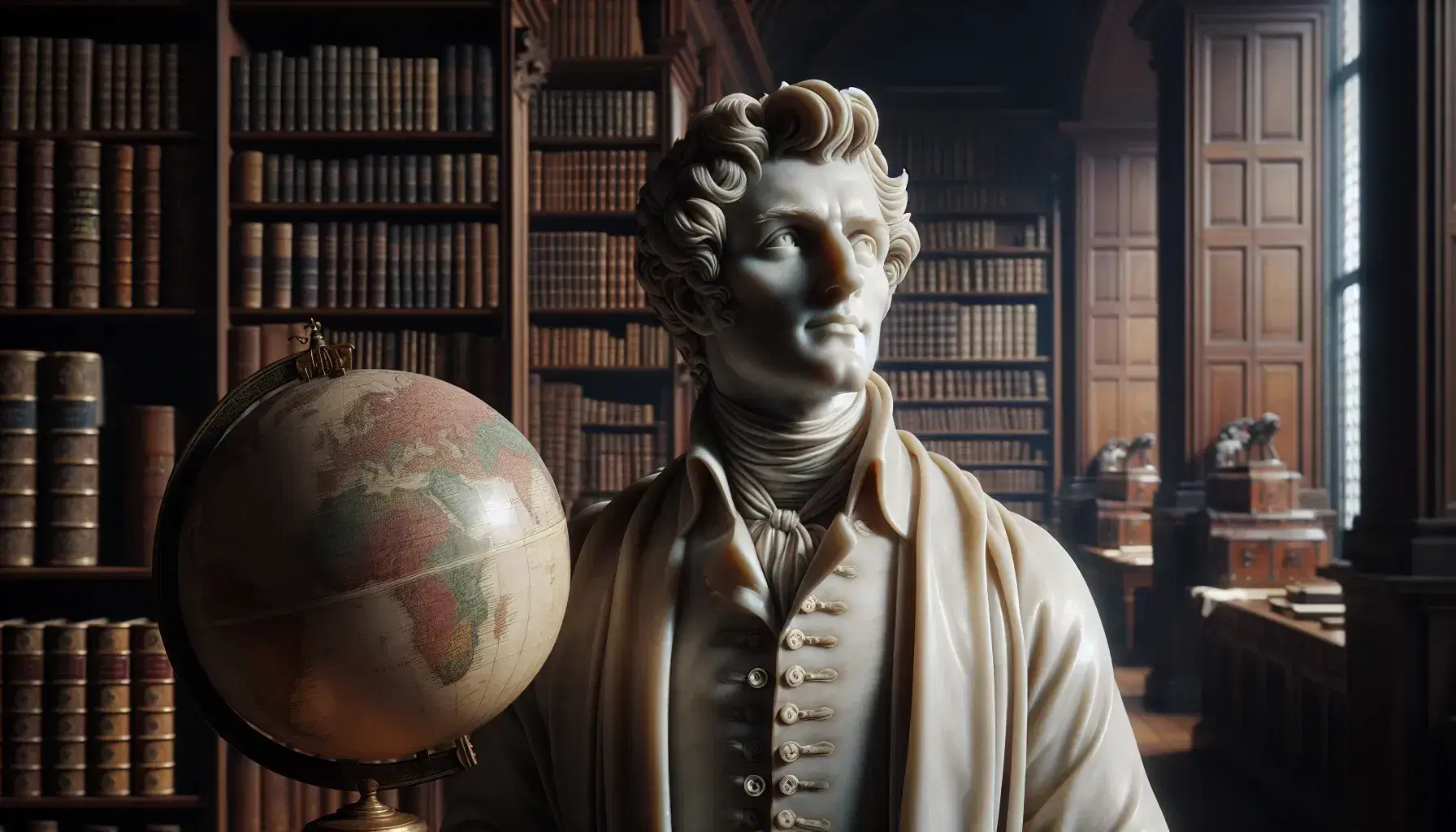 Statua in marmo bianco di uomo storico pensieroso con abiti d'epoca, in biblioteca antica con libri e globo terrestre.