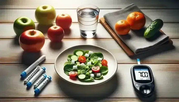 Mesa de madera clara con plato de ensalada verde, manzana roja, naranja, vaso de agua y glucómetro con lancetas, en un entorno natural iluminado.