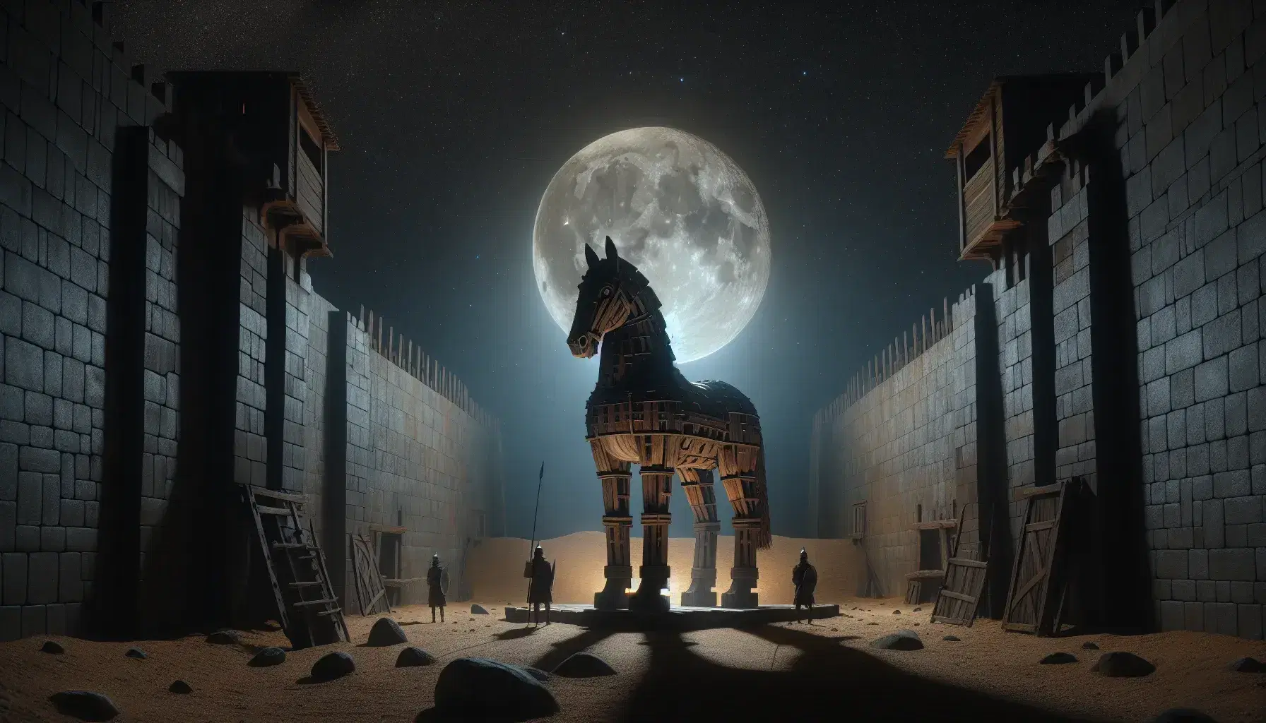 Cavallo di Troia in legno sotto cielo stellato con luna piena, accanto a mura antiche e guerriero in armatura bronzea.
