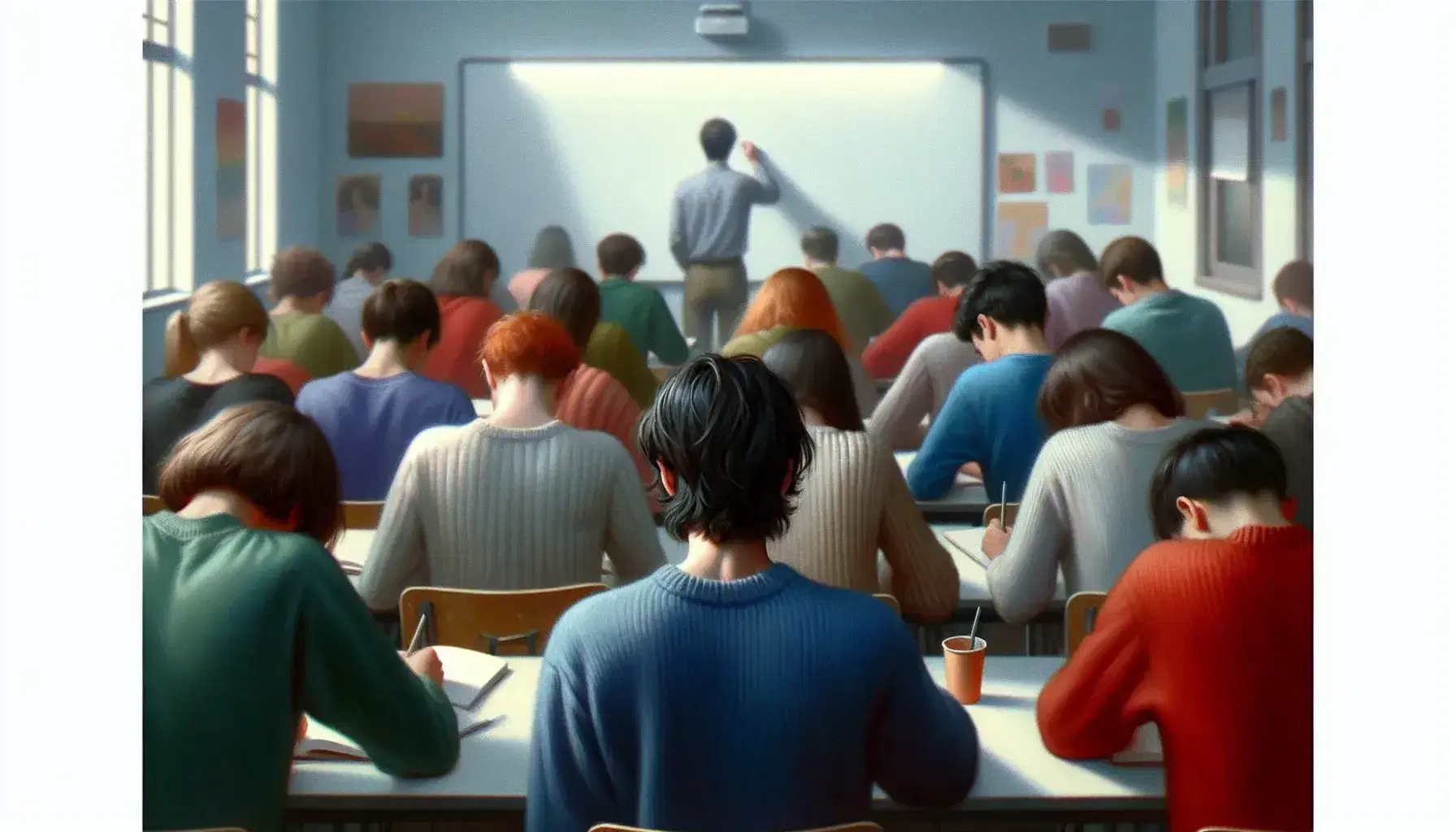 Diverse students focused on work in a well-lit classroom, with a teacher engaging the class near a whiteboard, amidst colorful attire.