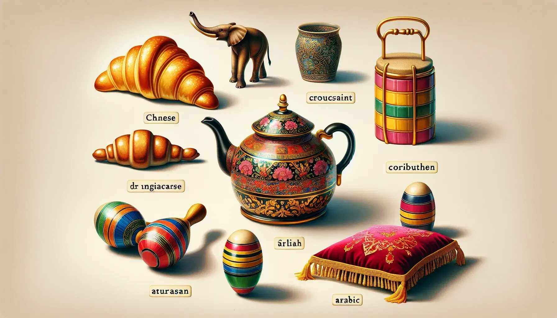 Vibrant ceramic teapot central to a cultural collage with a golden-brown croissant, colorful maracas, carved wooden elephant, and plush red velvet cushion.