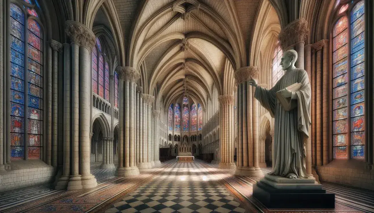 Gothic cathedral interior with vaulted ceilings, pointed arches, checkered marble floor, and colorful stained glass windows, featuring a statue of a robed man.