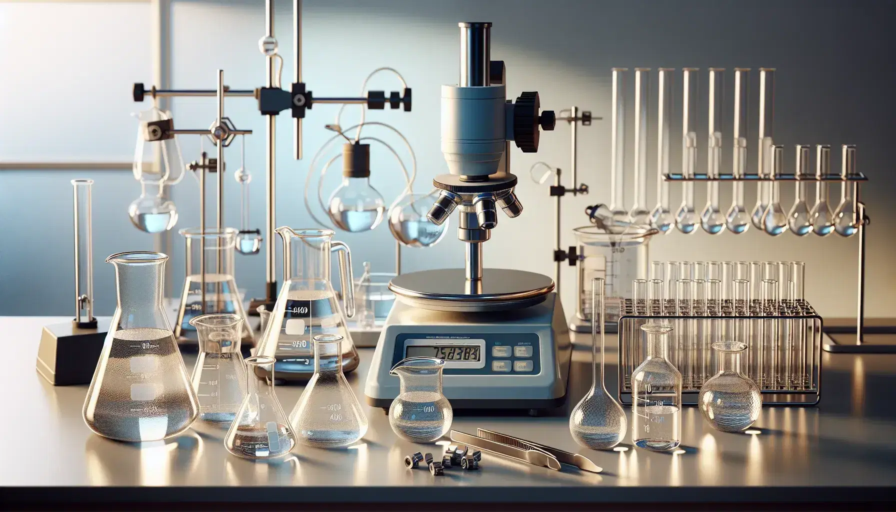 Illuminated chemistry laboratory bench with various glassware, unlit digital balance, Bunsen burner, forceps, microscope, centrifuge and spectrophotometer.