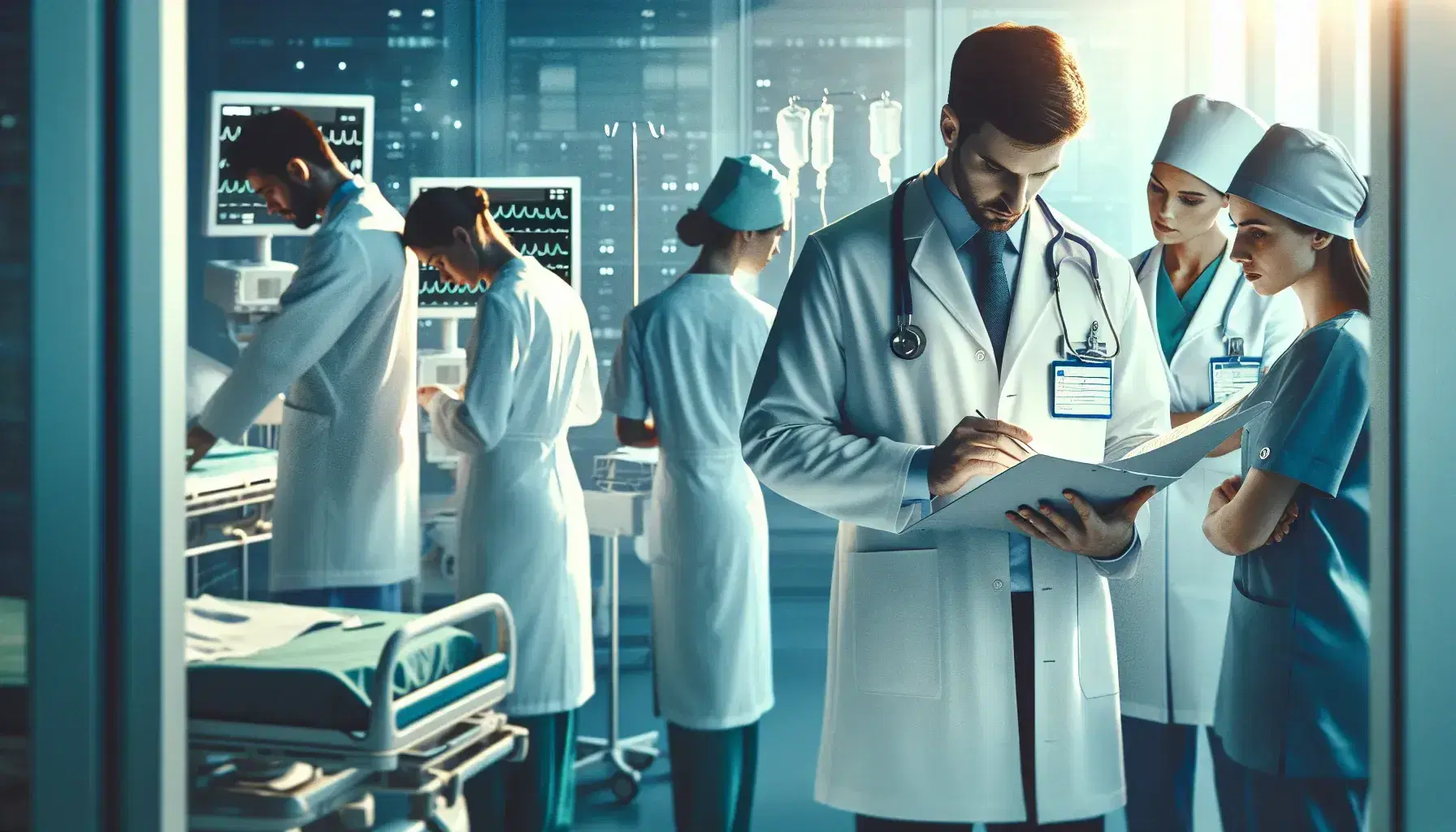 Profesionales de la salud en hospital revisando documentación médica, con estetoscopio y equipo médico al fondo.
