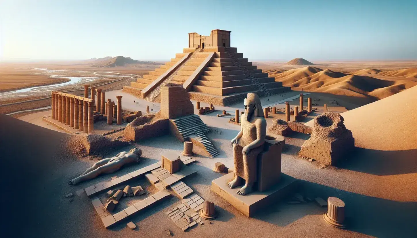 Vista panorámica de ruinas mesopotámicas con ziggurat de ladrillos terracota, estatua de piedra gris y paisaje árido bajo cielo azul.