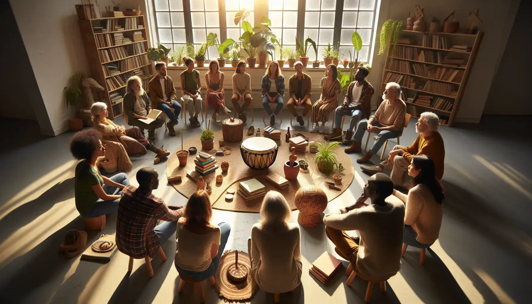 Grupo diverso de adultos sentados en círculo en una sala iluminada naturalmente, con objetos en el centro, reflejando una atmósfera de discusión y concentración.