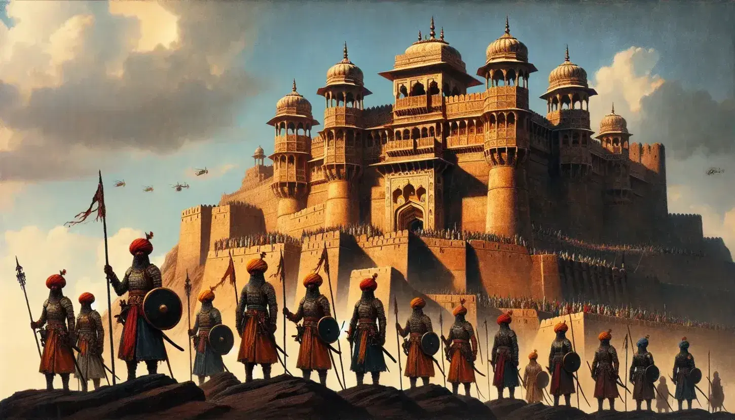 Rajput fort on a hill with golden walls and intricate carvings, dome-shaped chhatris, and warriors in traditional armor with weapons under a clear blue sky.