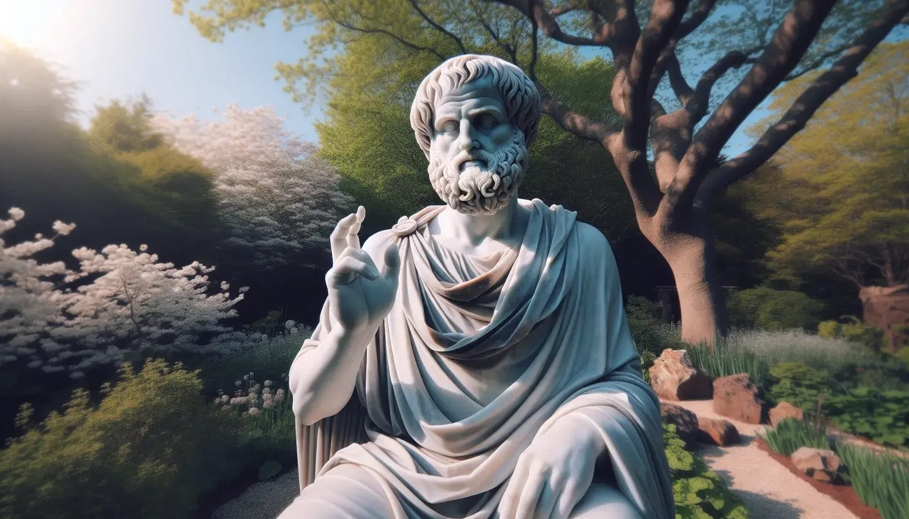 Estatua de mármol blanco de Aristóteles con gesto pensativo en un jardín soleado, rodeada de árboles y cielo despejado.