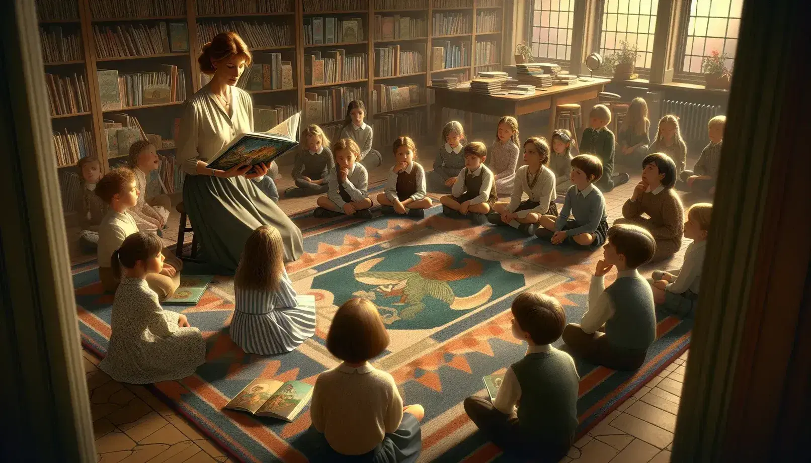 Niños atentos escuchando a maestra leer un libro ilustrado en biblioteca escolar, sentados en alfombra con estantes de libros al fondo.