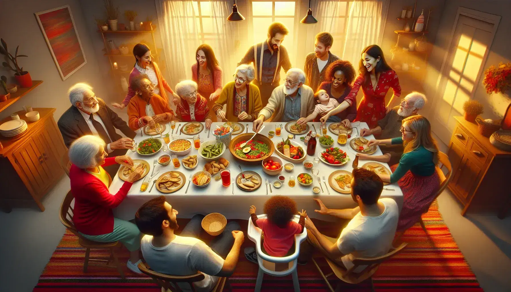 Grupo familiar diverso disfrutando de una comida juntos alrededor de una mesa con mantel blanco, platos variados y bebidas, en un ambiente cálido y alegre.