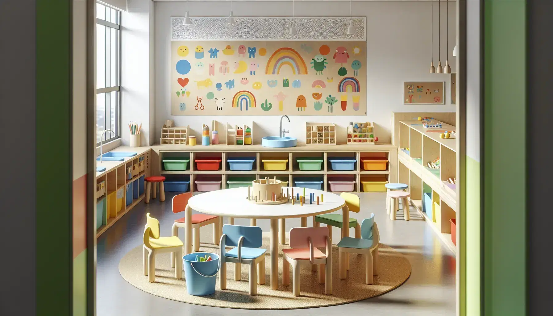 Aula preescolar colorida con mesa redonda baja y sillas de colores, juguetes educativos de madera, estantes con cajas de almacenaje y dibujos infantiles en la pared.