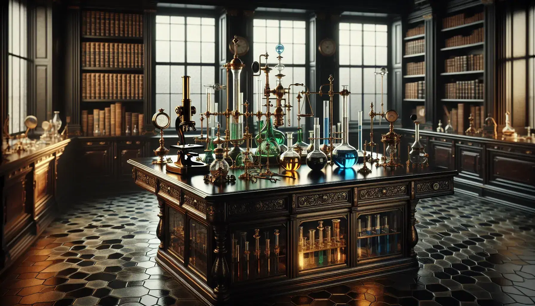 Laboratorio scientifico vittoriano con tavolo in legno, microscopi in ottone, provette colorate, bilancia analitica e libreria con volumi rilegati.
