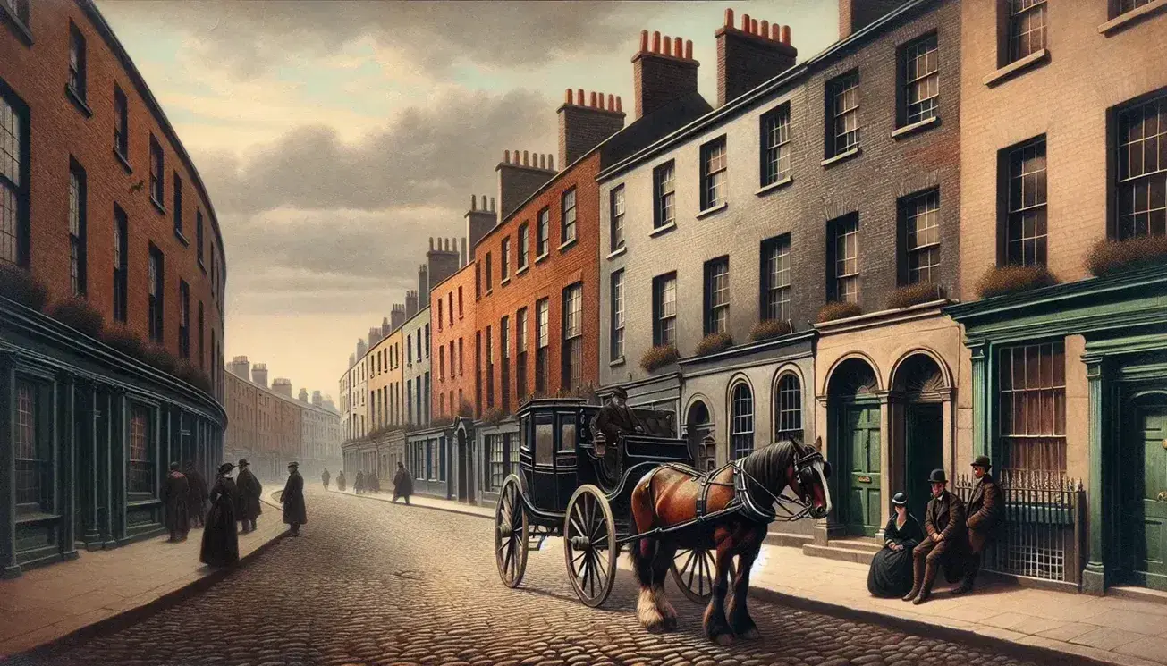 Early 20th-century Dublin street scene with Georgian townhouses, a horse-drawn carriage, and pedestrians in period attire under an overcast sky.