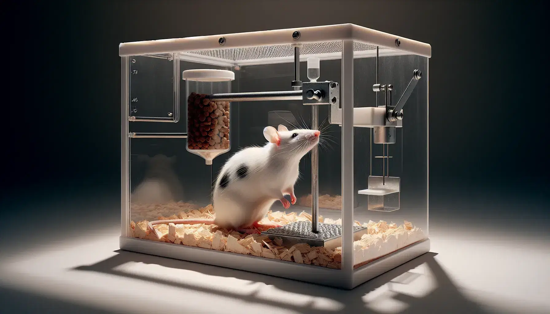 Rata de laboratorio blanca con manchas negras manipulando una palanca en una caja de Skinner transparente con dispensador de alimento.