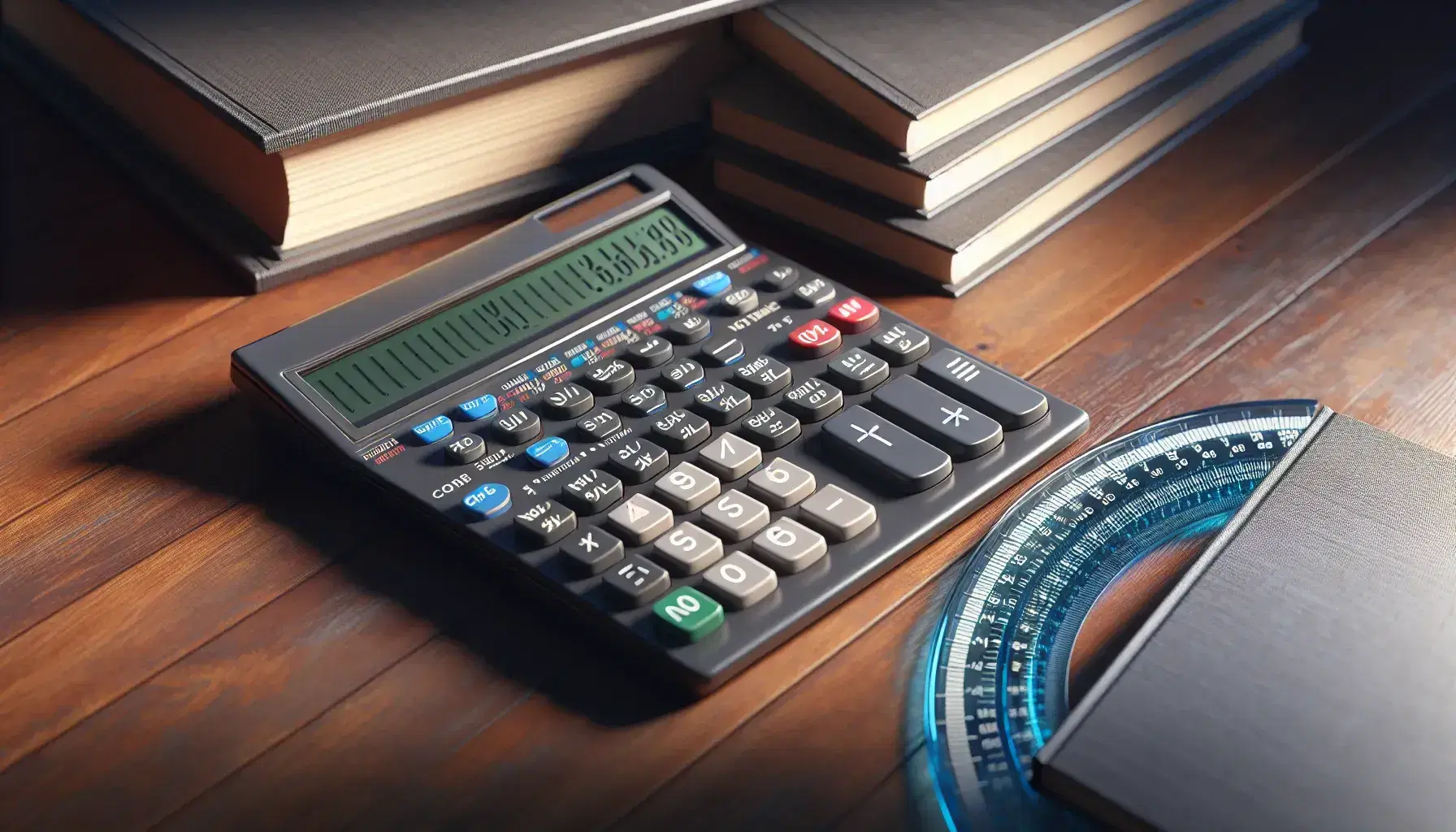 Scientific calculator with sin, cos, tan buttons beside a blue protractor on a wooden desk, with blurred textbooks in the background.