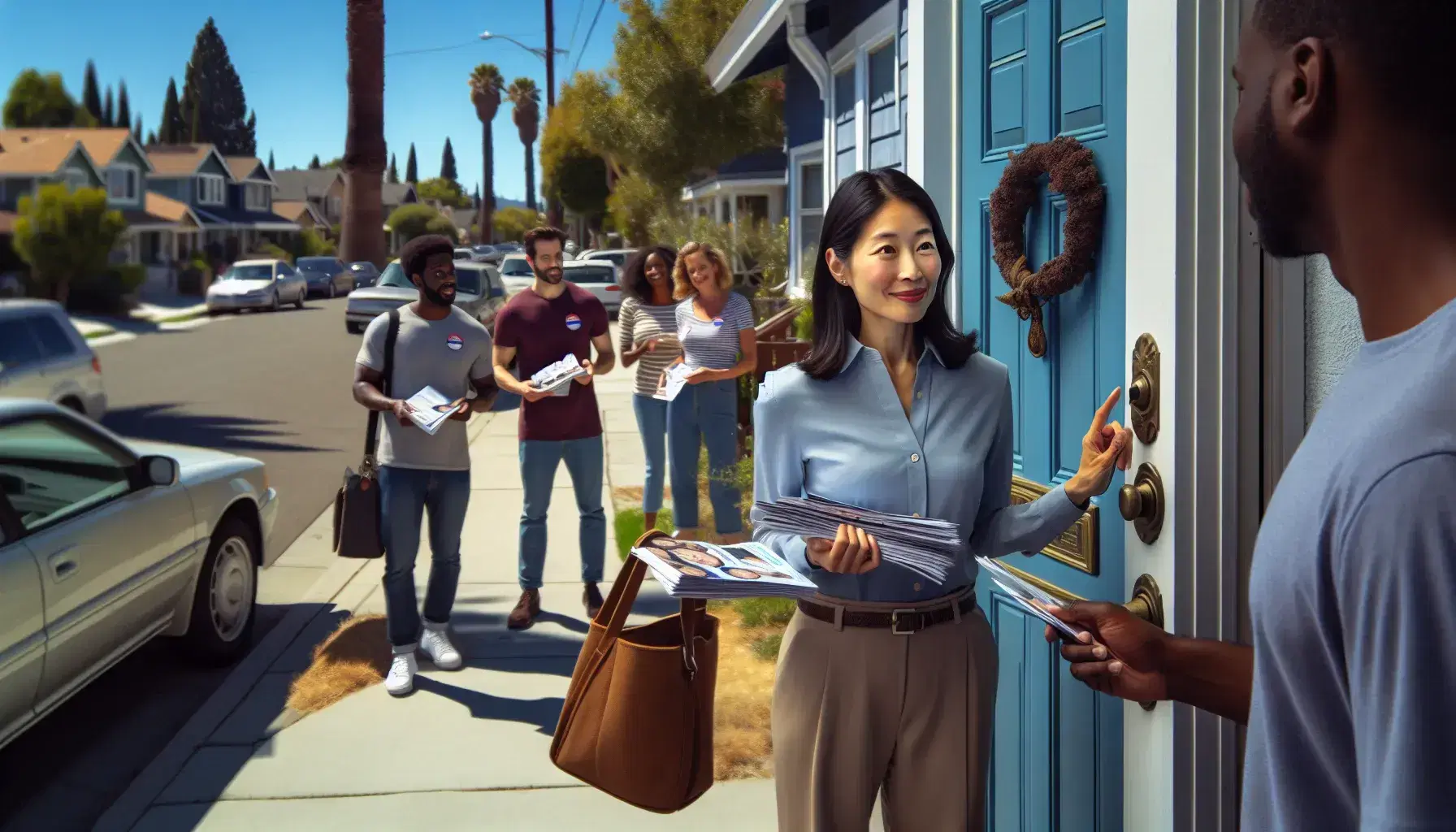 South Asian woman in business attire knocks on a blue door for door-to-door activism, while volunteers engage with residents on a sunny street.