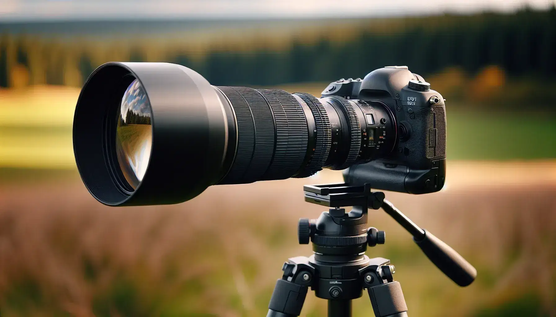 Close-up of a telephoto lens on a DSLR camera mounted on a tripod, with a blurred natural landscape and clear sky in the background.