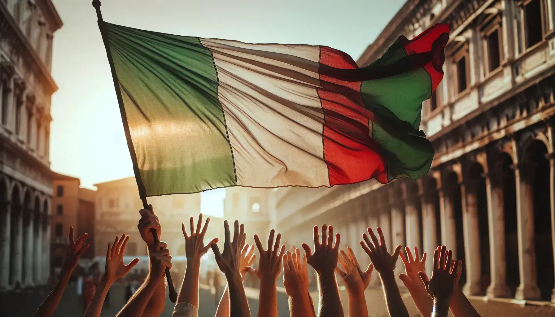 Mani di diverse età e carnagioni sostengono una bandiera italiana d'epoca al vento, simbolo di unità, su sfondo sfocato di edifici storici.