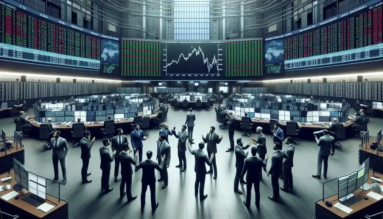 Diverse traders in formal attire engage in animated discussions on a busy stock exchange floor with a central screen showing market data.