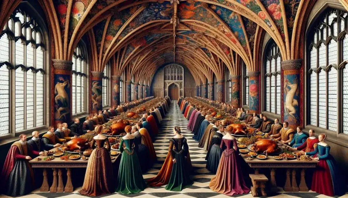 Medieval banquet hall with high ceilings, stone columns, rich tapestries, long table with period food, and nobles in ornate attire by candlelight.