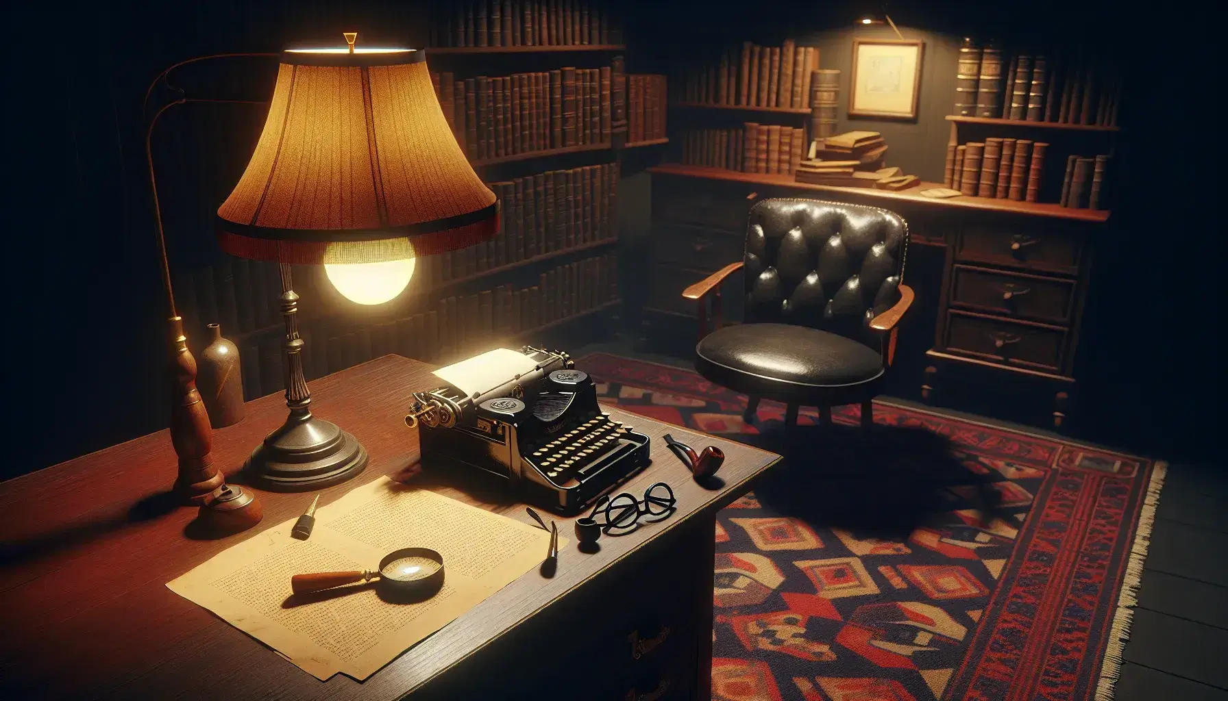 Scena notturna in una stanza d'epoca con scrivania in legno, macchina da scrivere vintage, occhiali, lente d'ingrandimento e pipa, sotto la luce soffusa di una lampada.