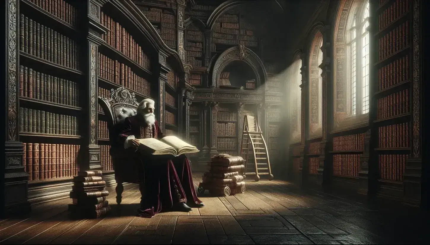 Vecchio saggio legge un libro in biblioteca antica illuminata da finestra, con scaffali di libri in pelle, scala mobile, mappamondo e pianta.