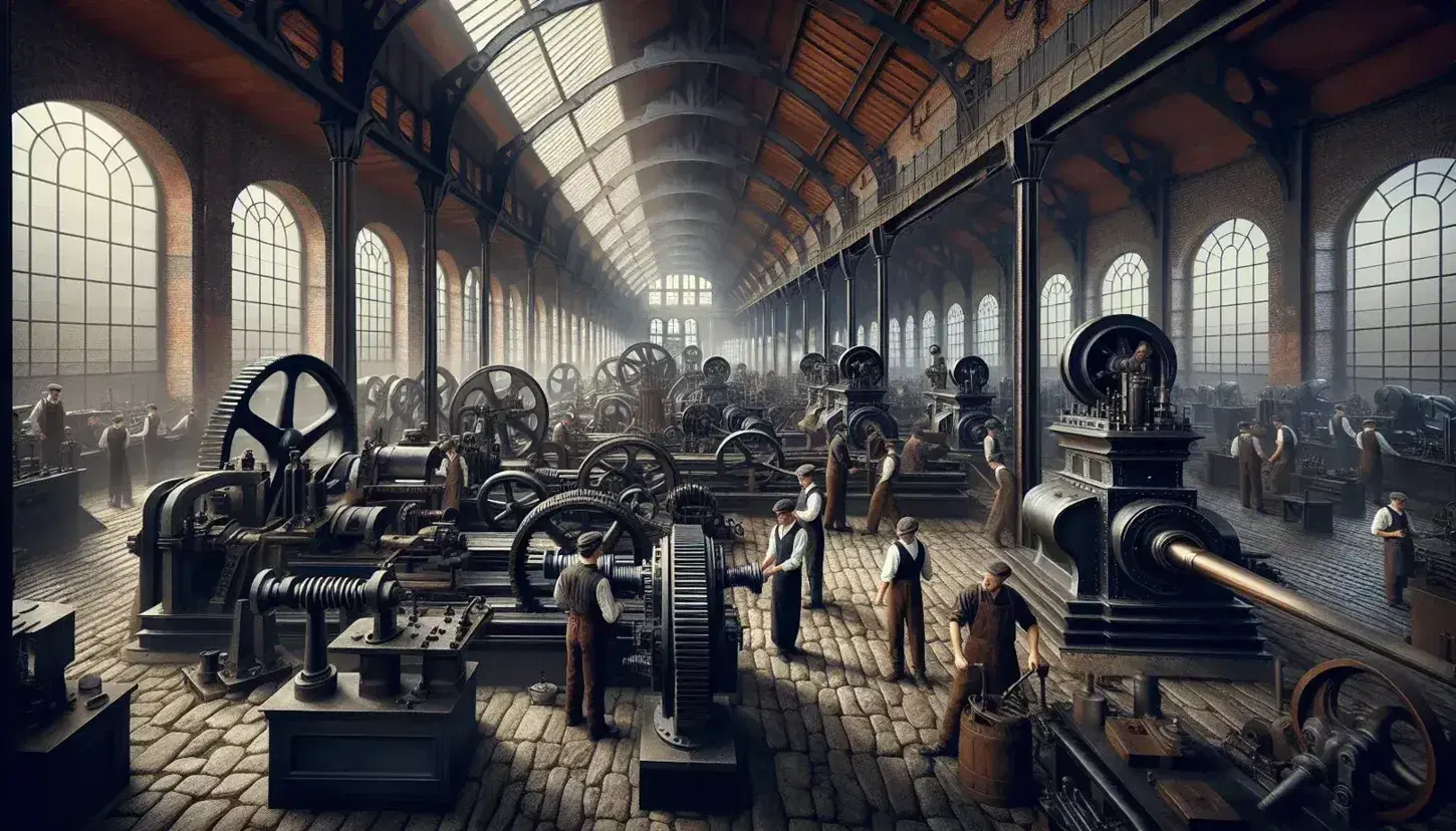 Trabajadores operando maquinaria pesada en una fábrica de la época de la Revolución Industrial, iluminada por luz natural.