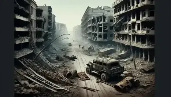 Paesaggio urbano devastato post-conflitto con edifici distrutti, detriti, veicolo militare danneggiato e strada deserta.