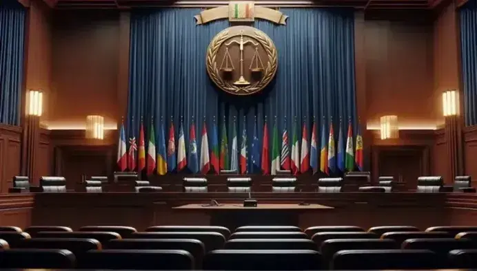 Aula vuota di tribunale internazionale con banco in legno scuro, tenda blu, bilancia della giustizia dorata e bandiere nazionali.