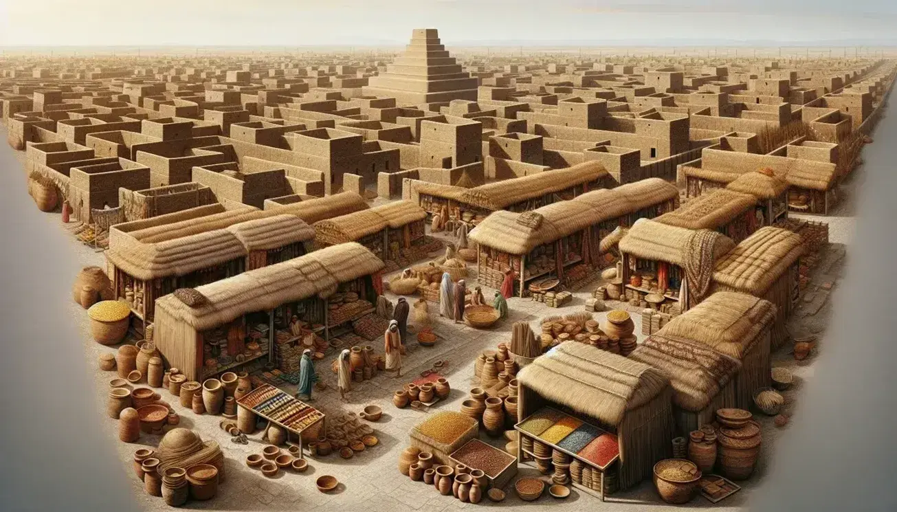 Scene of an ancient Mesopotamian city with crowded market, mud brick houses, imposing ziggurat, Tigris and Euphrates rivers and clear sky.