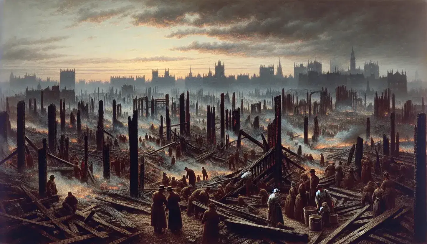 Post-fire cityscape with charred wooden remains, people working together in cleanup, and a smoke-tinged dusk sky over damaged buildings.