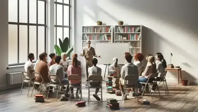 Grupo diverso atento en semicírculo en aula luminosa con persona de pie gestualizando hacia pizarra blanca, libros de colores y planta verde al fondo.