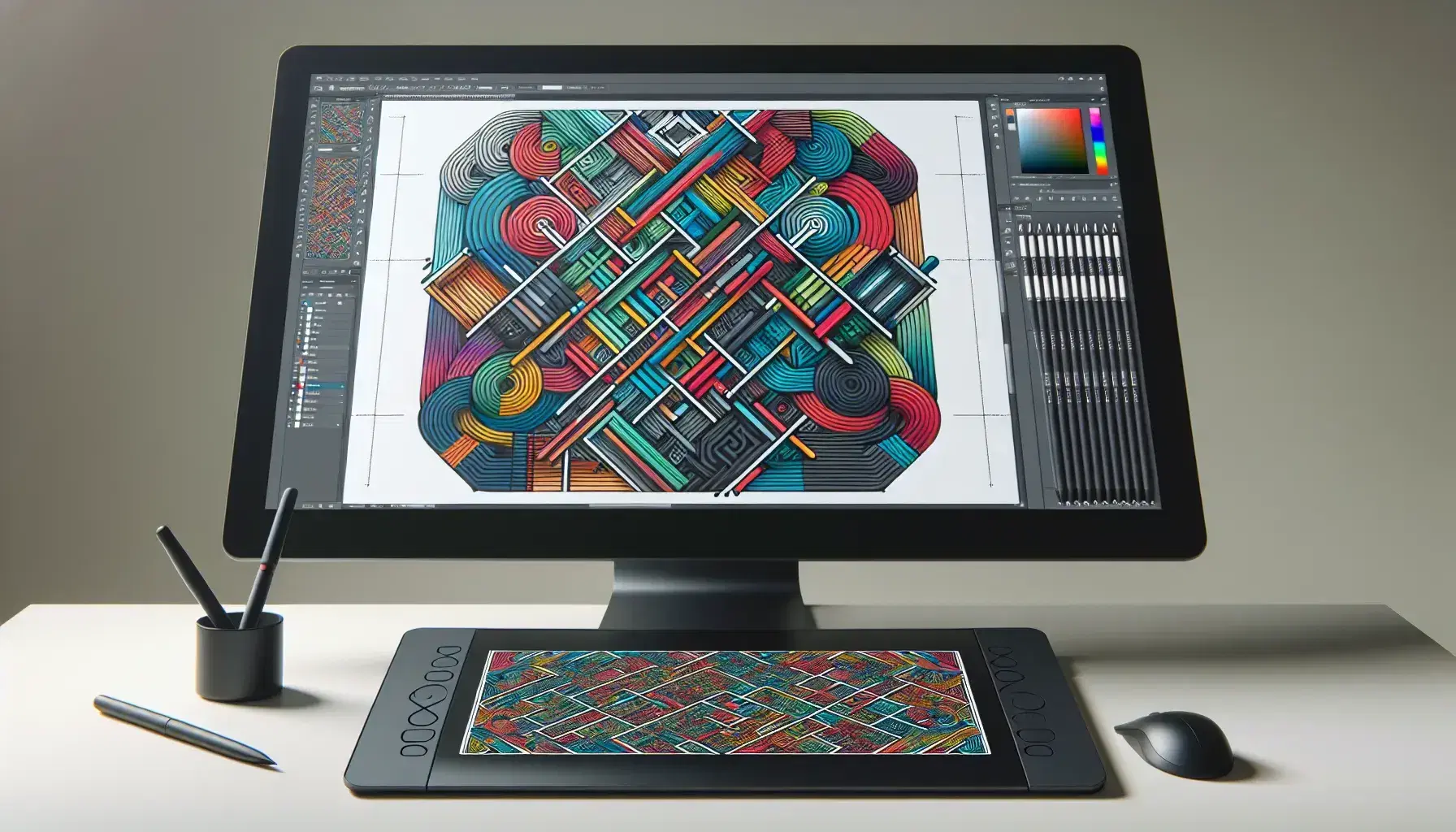 Monitor with vector graphics program showing complex geometric pattern, graphics tablet with stylus and drawing printout on light wooden desk.