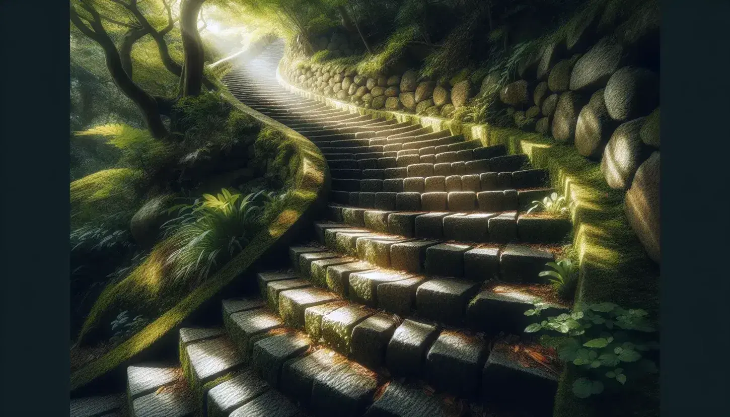 Escalera de piedra en espiral rodeada de musgo y vegetación en un bosque, con luz solar filtrándose a través de las hojas y creando un ambiente sereno.