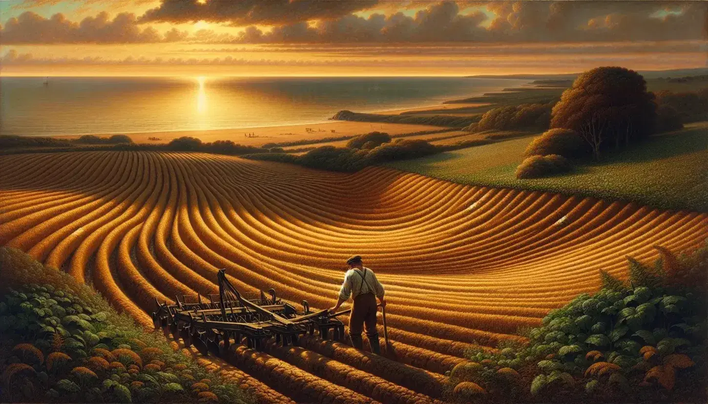 Serene coastal landscape with golden-brown plowed fields, a farmer tending the land, and a calm blue sea under a sunset-tinted sky.