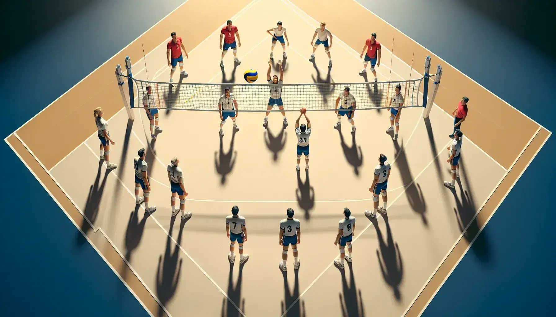 Partita di pallavolo all'aperto con squadre in divise rosse e blu, giocatore salta per attacco, palla gialla in volo sopra la rete.