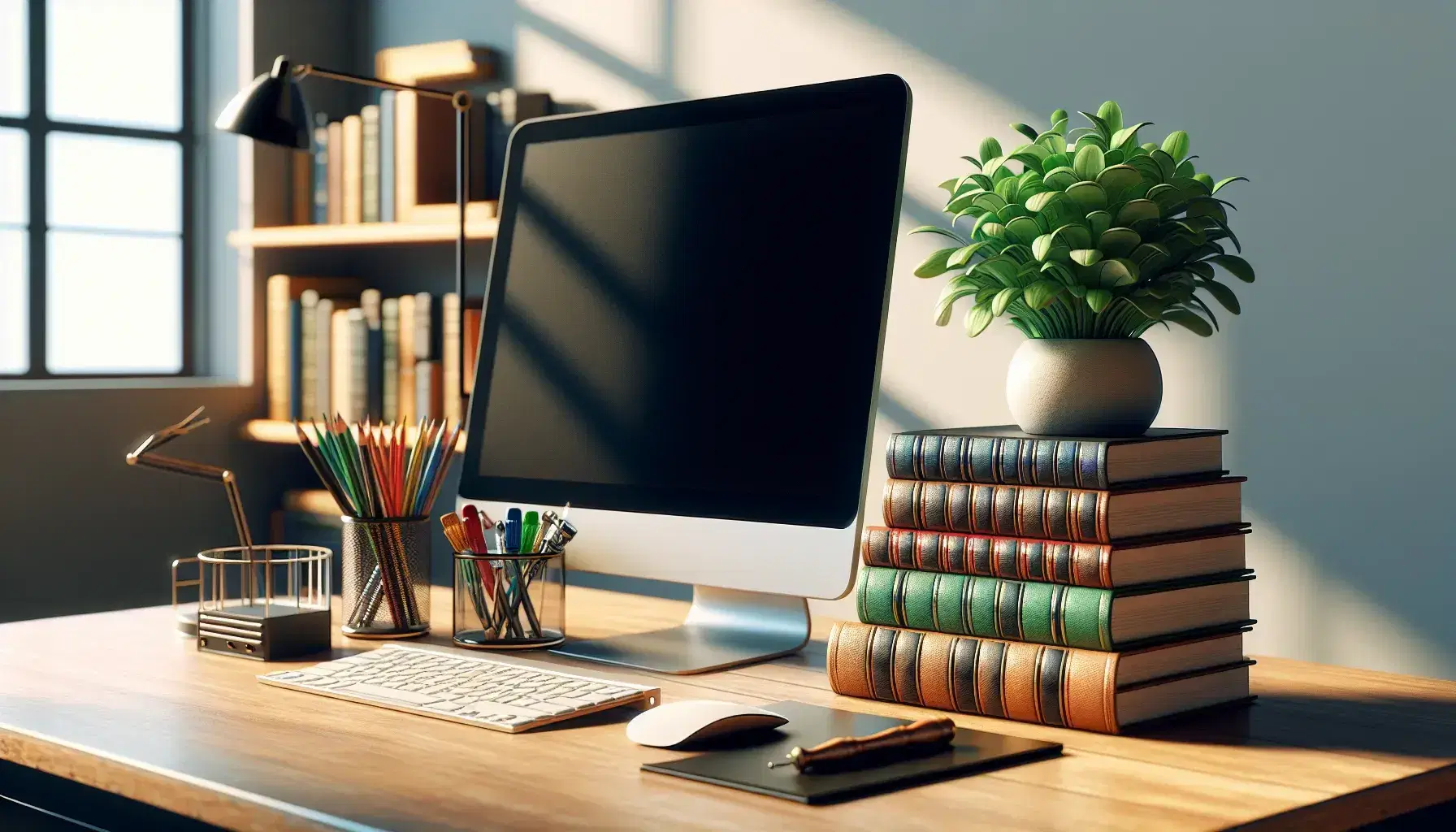 Tidy desk with turned off computer, green plant, stacked books, metal tool miniatures, pencils in cup and simple wall clock.