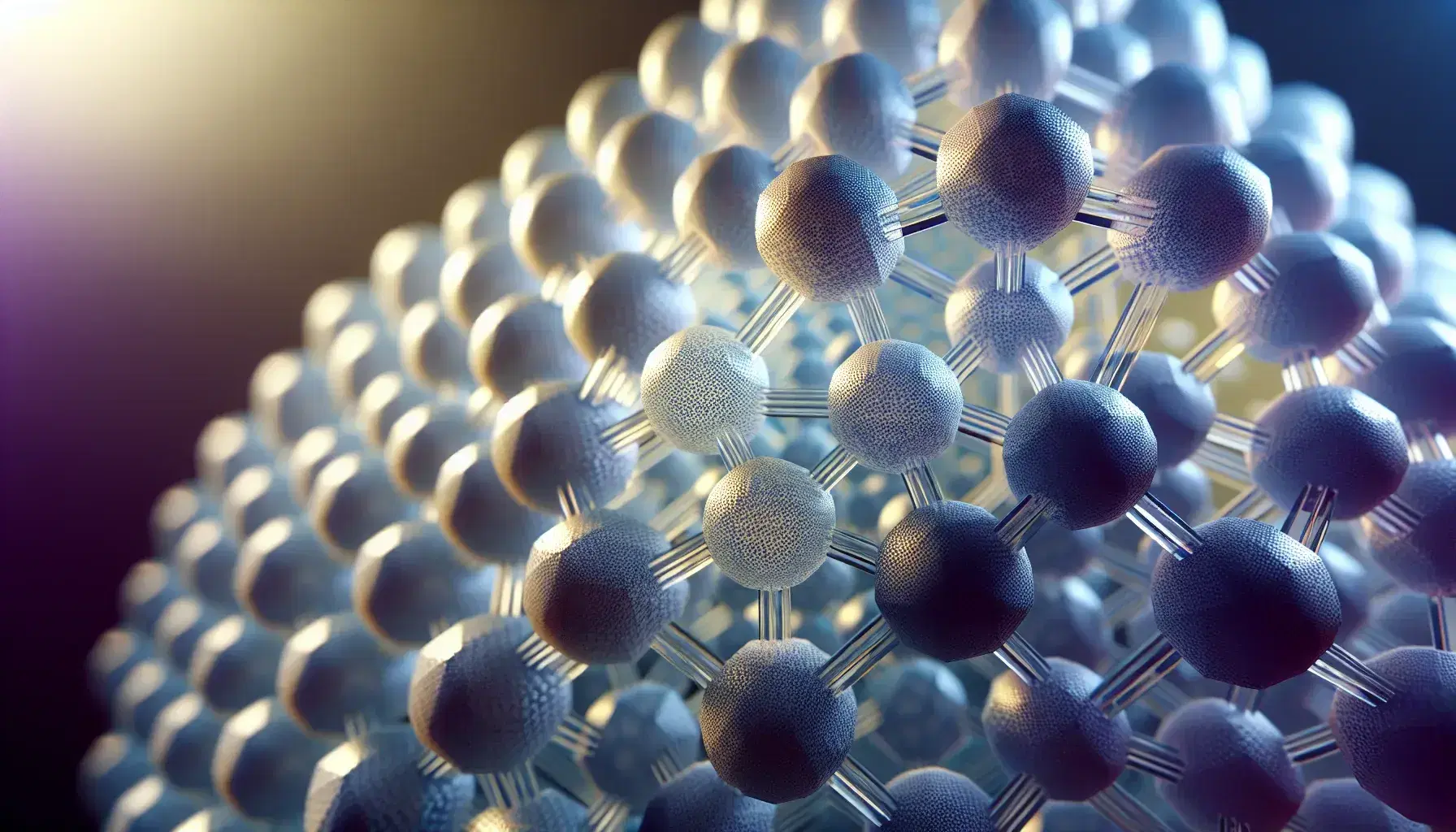 Detailed crystal structure with ordered lattice of spherical ions in pale yellow and dark purple, illuminated from the side on a white-grey gradient background.