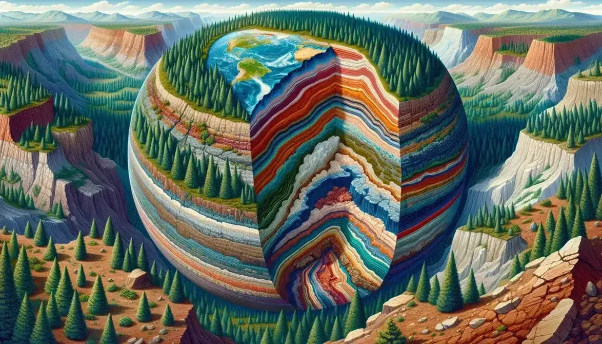 Geological landscape with cross section of the Earth, colorful layers in a cliff, lush forest, snow-capped mountains and meandering river.