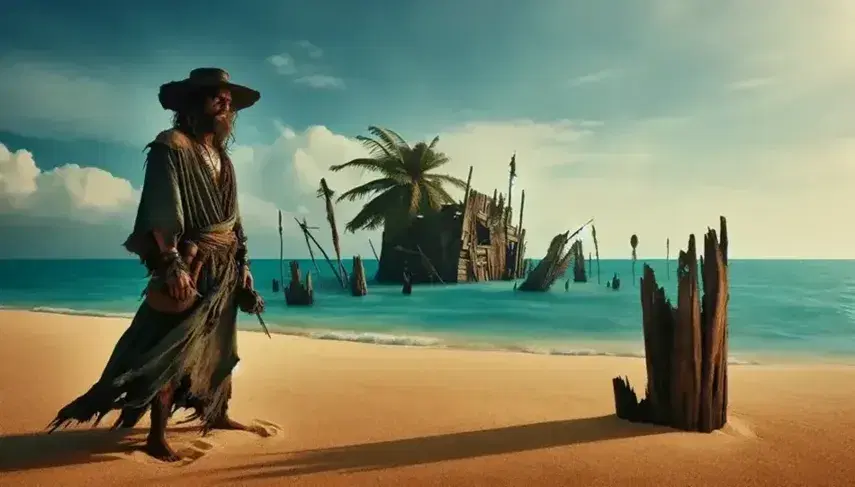 Playa desierta con arena dorada, figura humana en ropas antiguas mirando al mar, palmeras al fondo, naufragio parcial y refugio rudimentario a un lado.