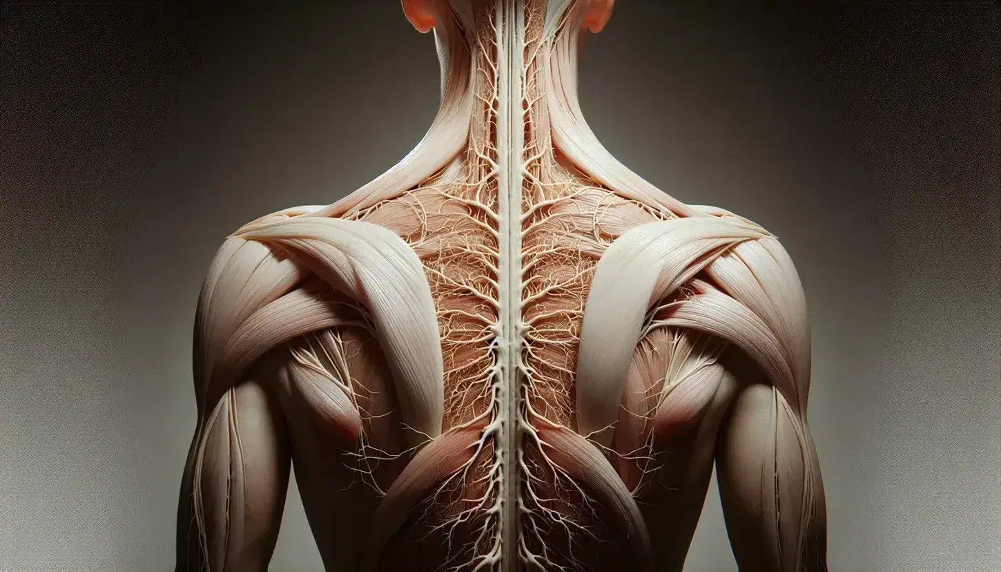 Vista detallada de la anatomía humana mostrando nervios y músculos en la nuca y parte superior de la espalda, con énfasis en la compleja red de fibras nerviosas.