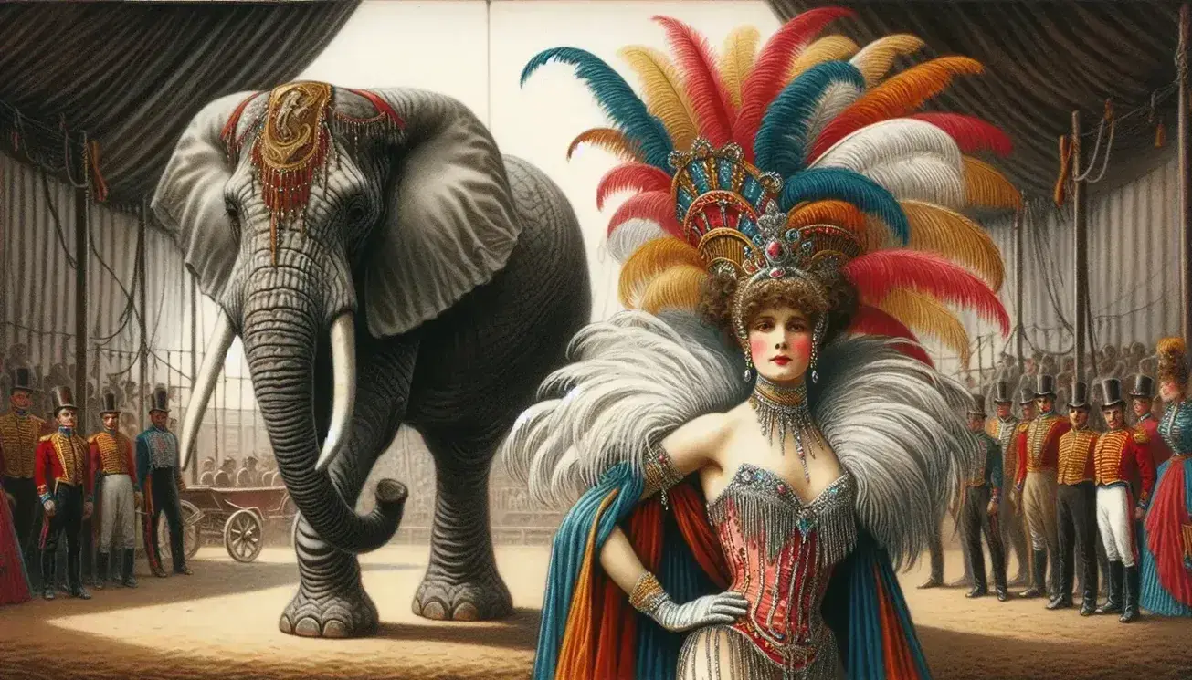 Vintage circus scene with a feathered headdress-wearing woman, a decorated elephant, and a white horse against a warm, blurred tent backdrop.