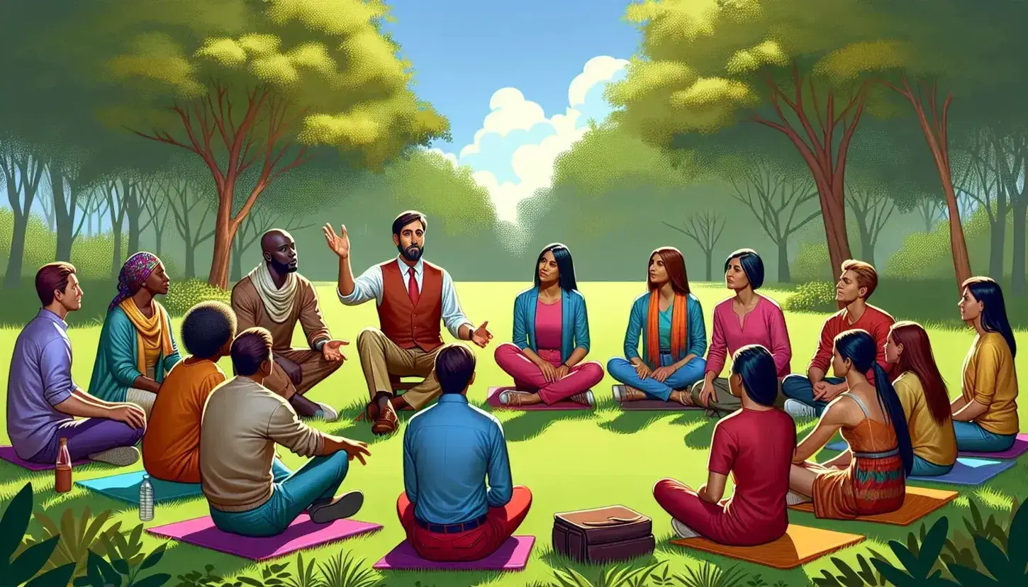 Diverse group engaged in outdoor workshop with facilitator in park setting, participants on cushions with hands raised, clear blue sky overhead.