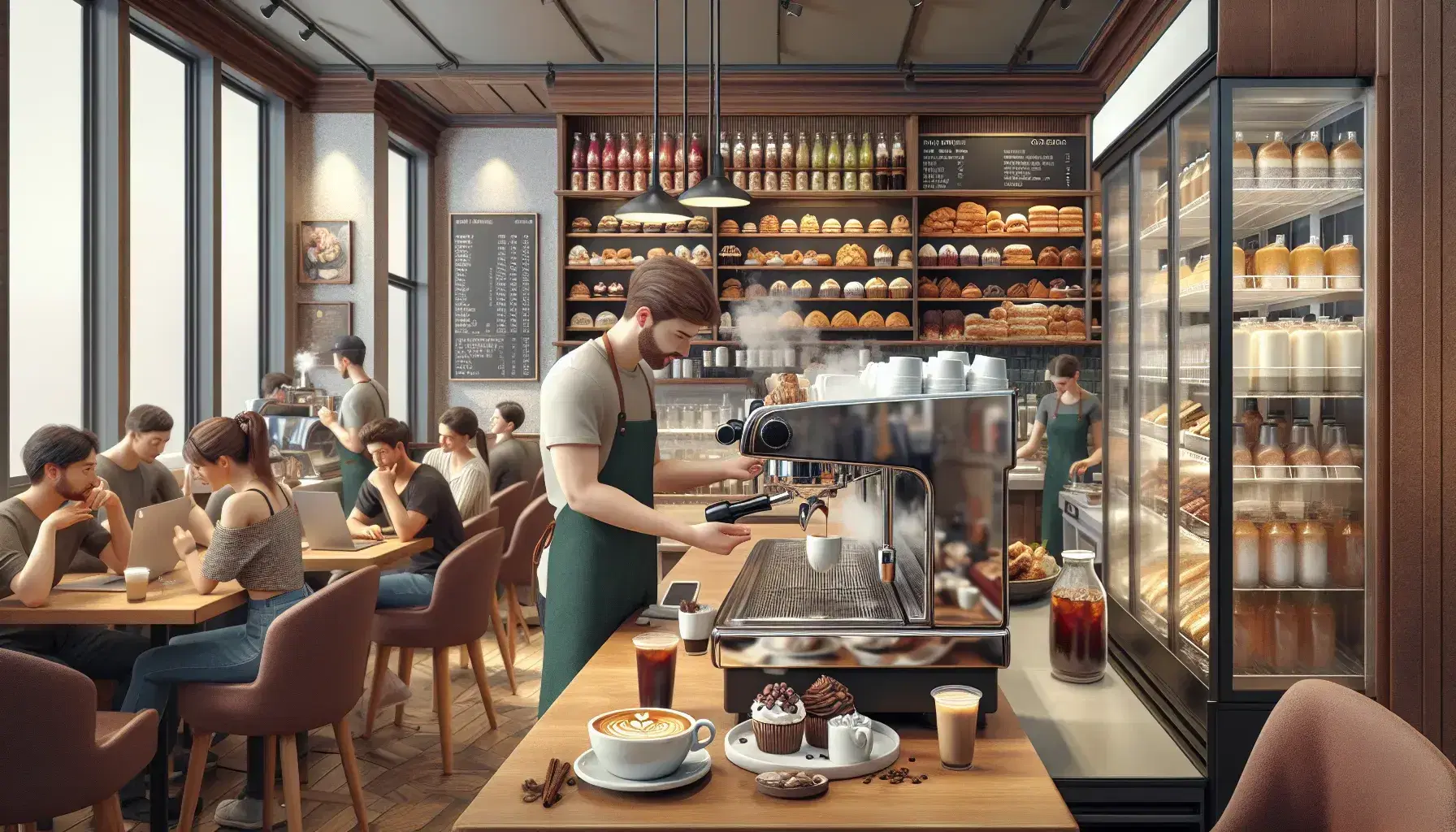 Barista preparing espresso in a bustling cafe with patrons at wooden tables, pastries on display, and a fridge with cold drinks.