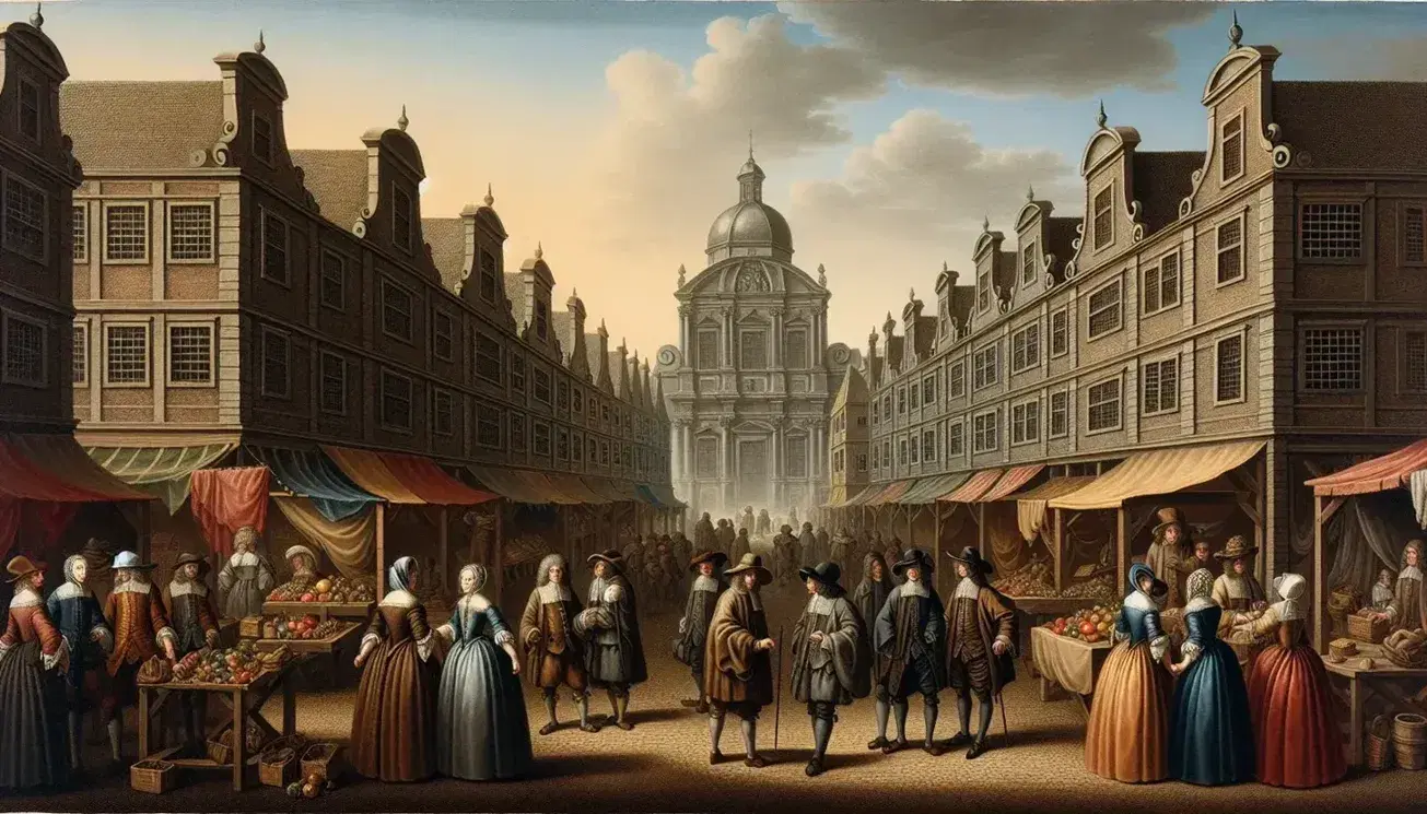 Scena di mercato del XVII secolo con persone in abiti d'epoca, banchi di frutta e verdura, edifici barocchi sullo sfondo e artisti di strada.