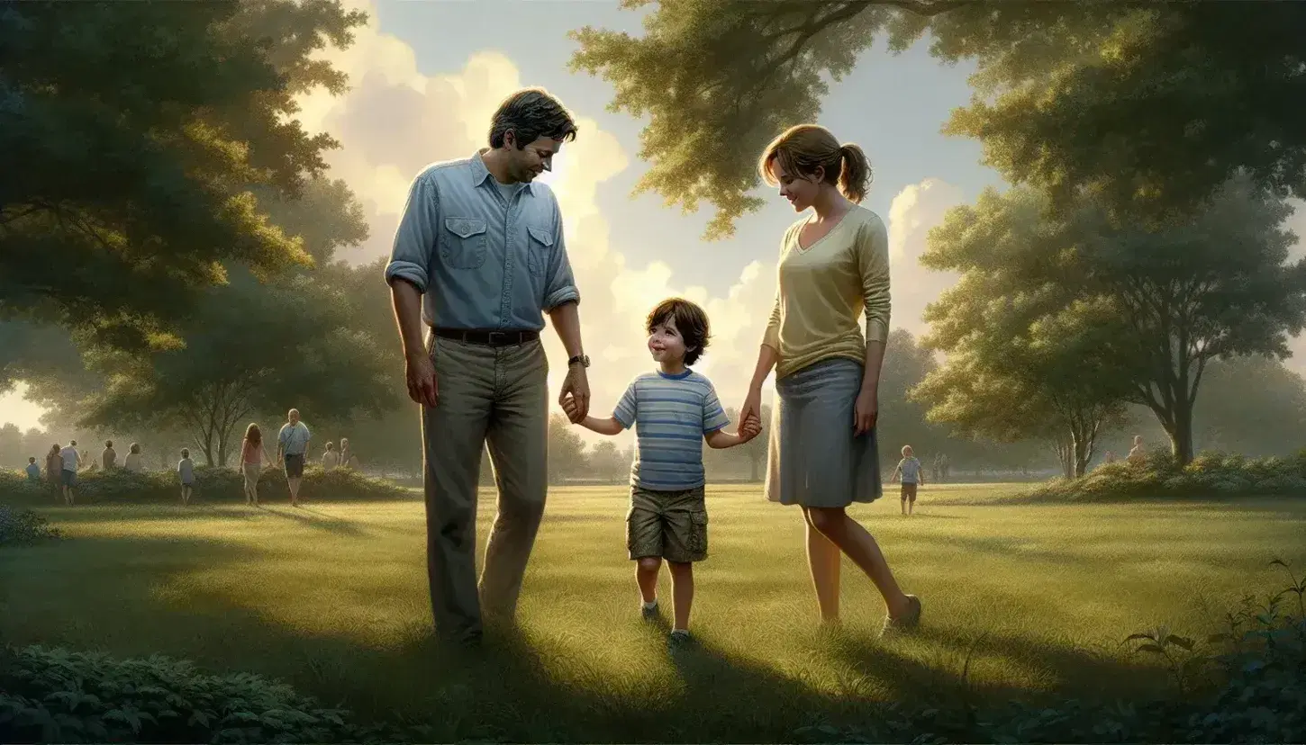 Famiglia in parco con bambino al centro che tiene mano a uomo e donna, alberi e cielo azzurro sullo sfondo.