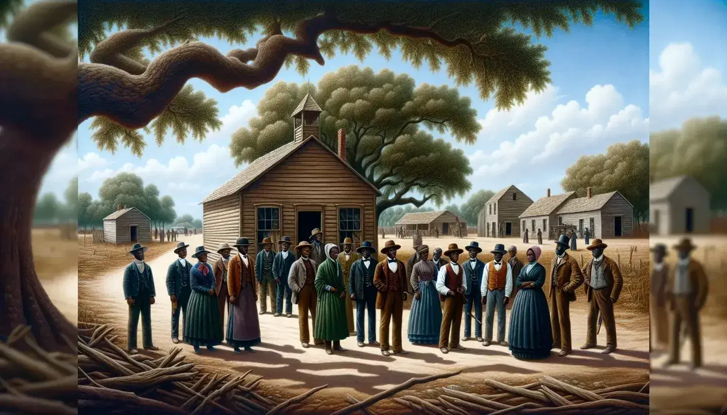 Late 19th-century scene with African American adults outside a rural schoolhouse, dressed in Reconstruction-era attire, under a clear sky by a large oak tree.